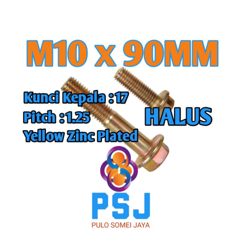 Baut Flange M10 x 90 Halus P1.25 / Flange Bolt Kuning Kunci 17