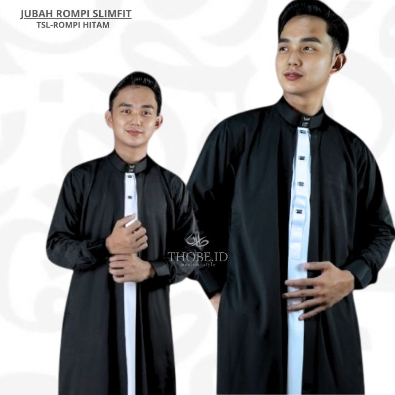 Jubah rompi slimfit 2 layer 2 in 1 polos hitam putih lengan panjang manset Gamis pria muslim dewasa 