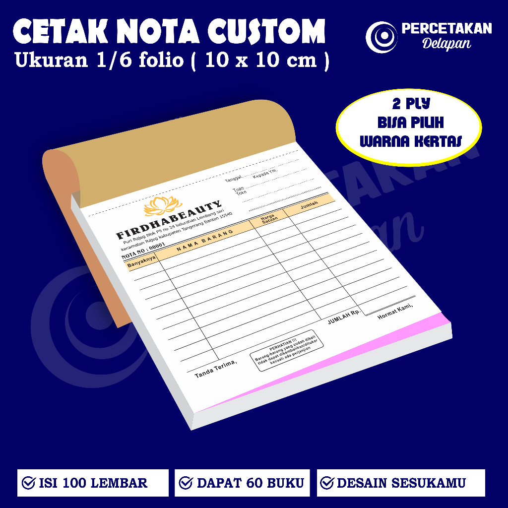 

cetak nota custom 2 ply 1/6 FOLIO / Paket 60 buku