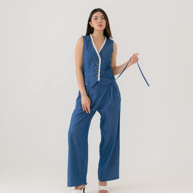 RONGU - Tia Set | Rompi wanita, atasan wanita, celana panjang wanita, celana wanita, baju denim wani