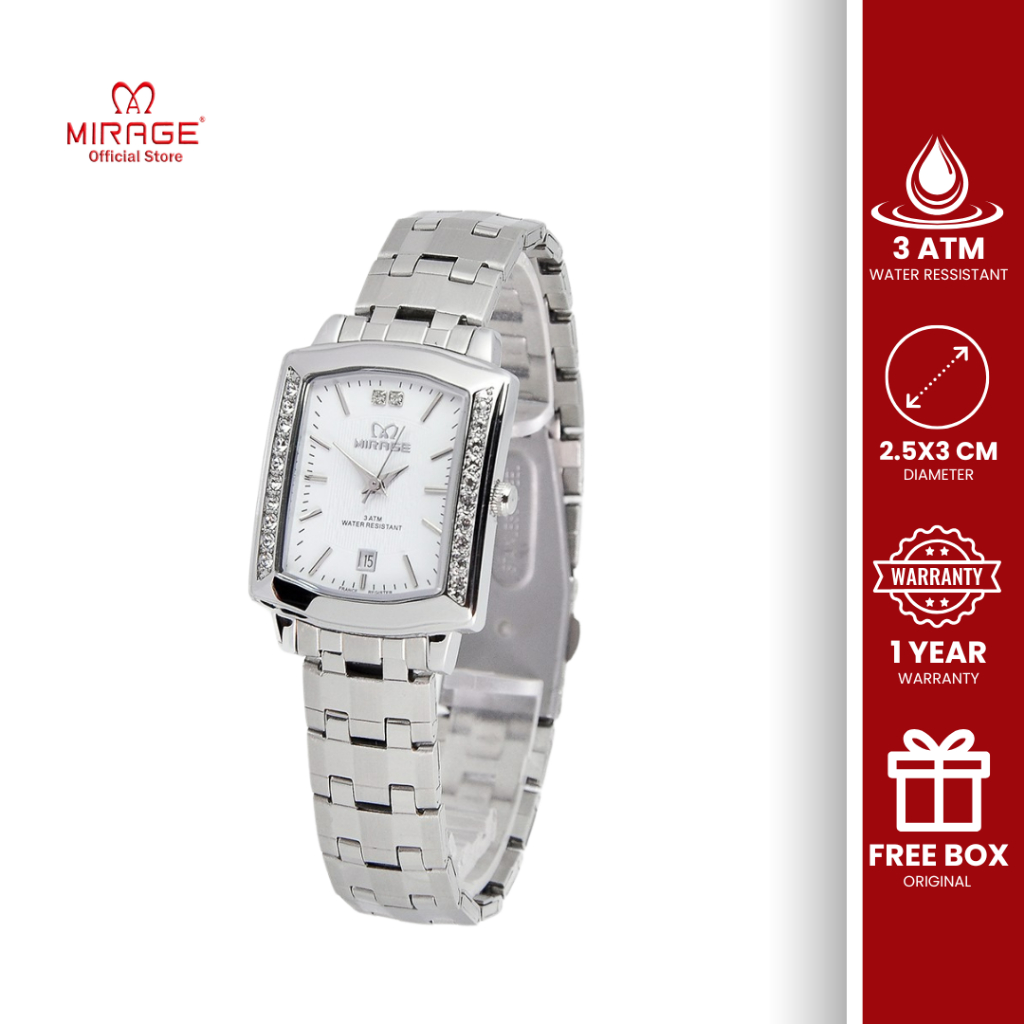 Mirage Original Jam Tangan Analog Segi Petak Wanita Silver Permata Kasual Mewah 7442 M Anti Karat