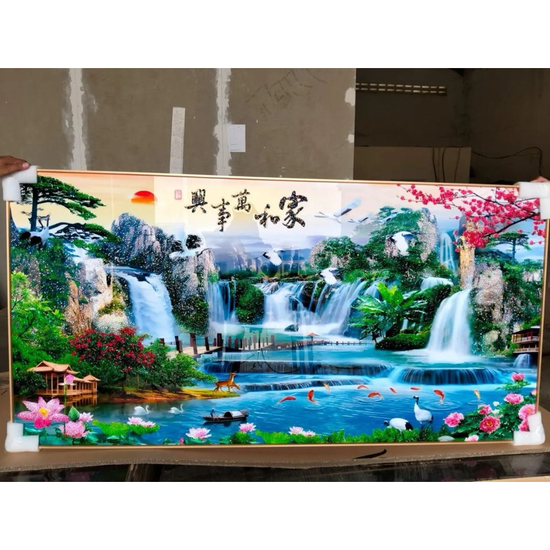 Lukisan Porcelain 5D Diamond - Gambar Digital Art Lukisan Pemandangan Air Terjun Gunung dan Danau Ka