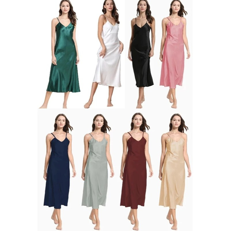 LONG DRESS WANITA CAMISOLE SEXY SATIN FASHION KOREA MINORI SATIN POLOS KOREAN STYLE U CAN SEE GAUN D