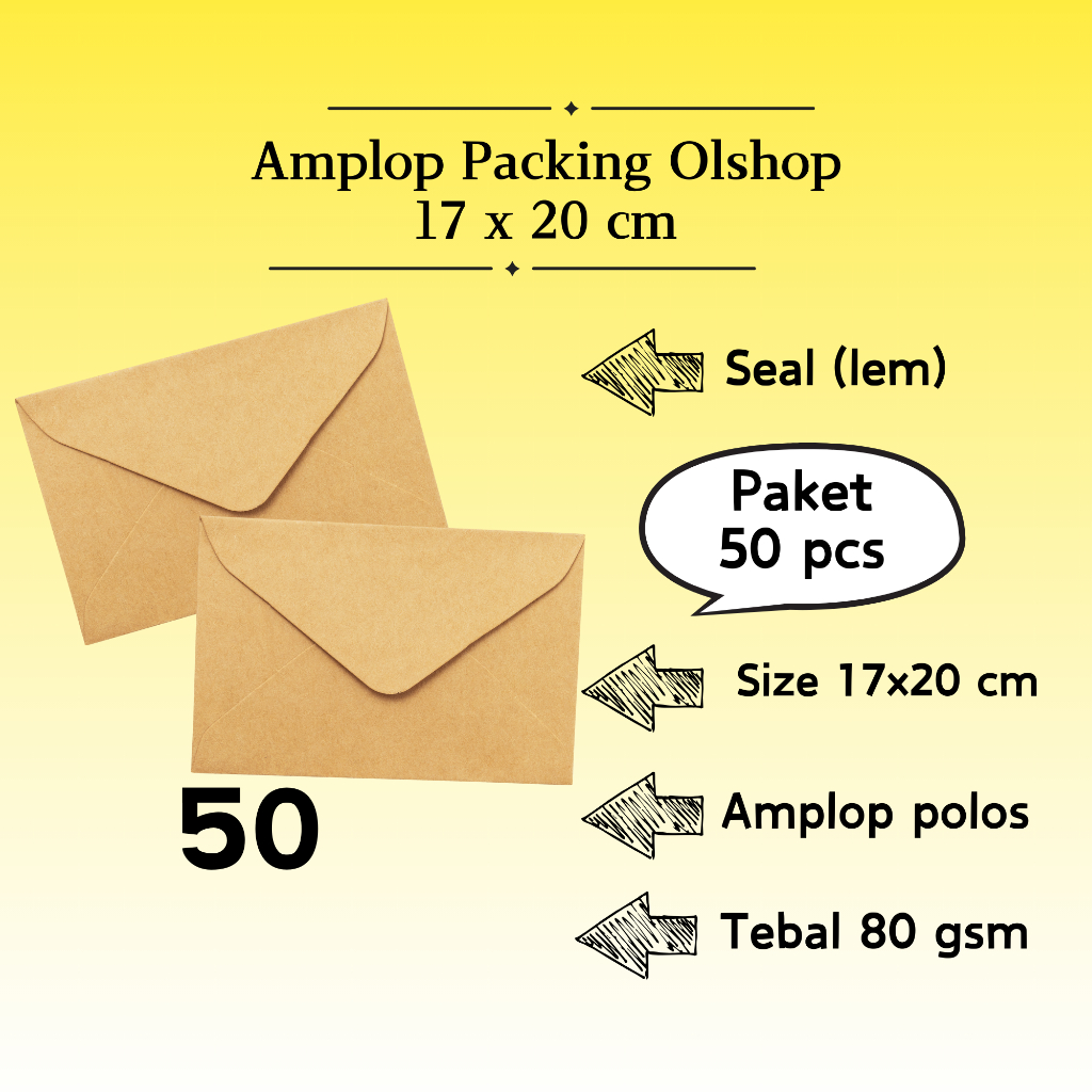 

50 Pcs Baronial - Amplop Packaging Kraft Potrait Amplop Klasik Coklat Polos Seal (Pakai Lem) 17 x 20 cm