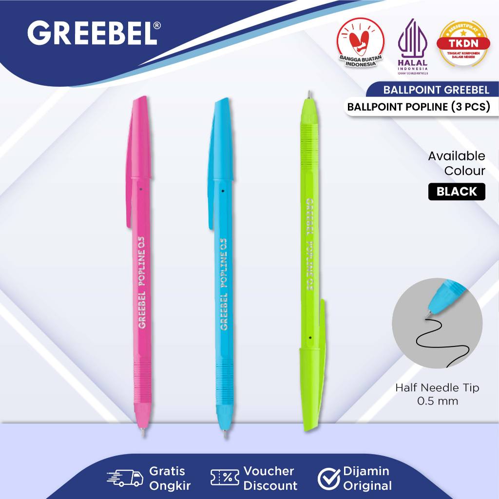 

GREEBEL Pulpen Ballpen / Popline 0.5 Hitam (3PCS/SET) / Ballpoint Bolpen Bolpoin Pena Gel