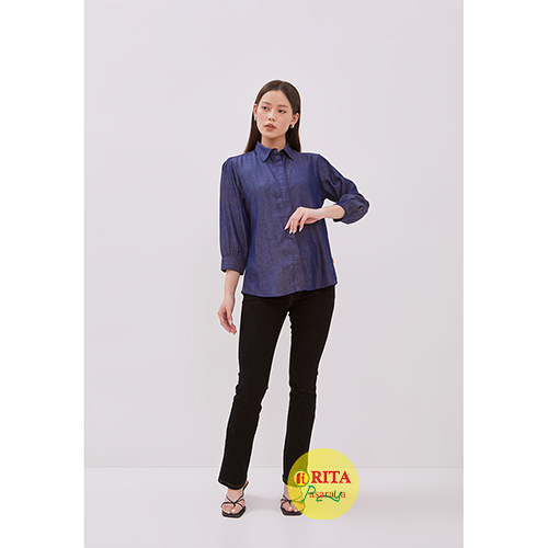 DUST Kemeja Denim Amalia Biru Comfease (D.116416) pakaian wanita Lengan Panjang Motif Polos