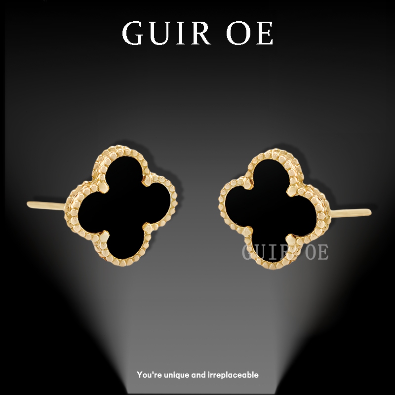 Anting pejantan onyx hitam semanggi Emas 17K, Anting Tindik Wanita GUIR OE