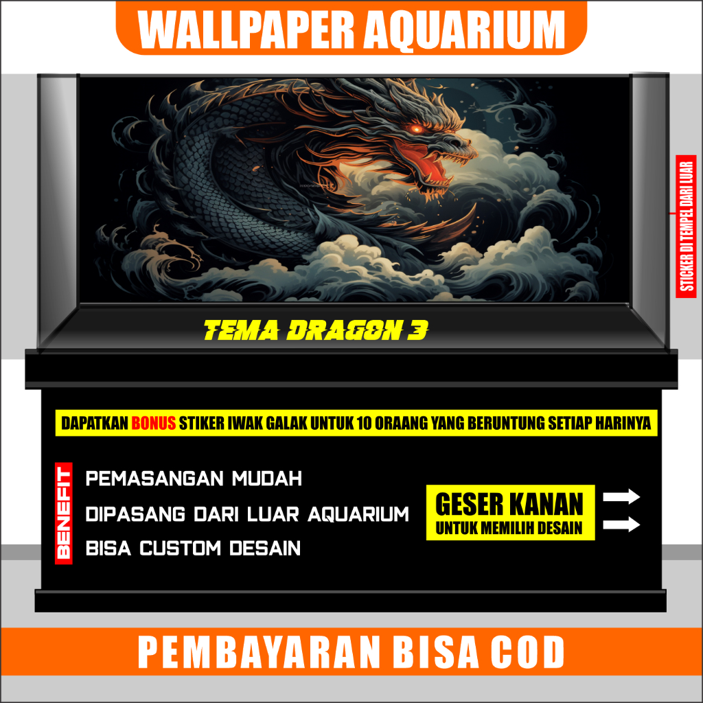 sticker aquarium, background aquarium 3d, wallpaper aquarium belakang 3d gambar naga dragon