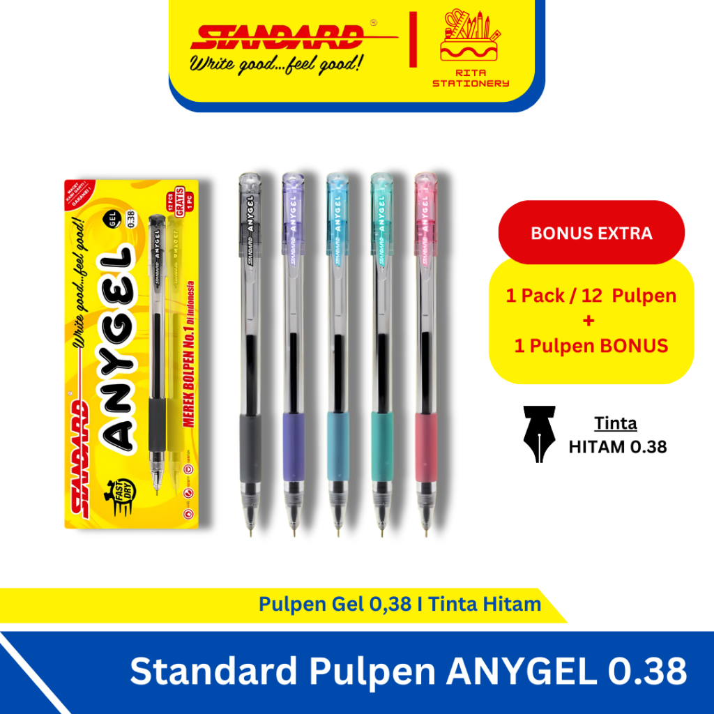 

Pulpen Standard anygel 0.38 mm - 1 pack isi 12 bonus 1