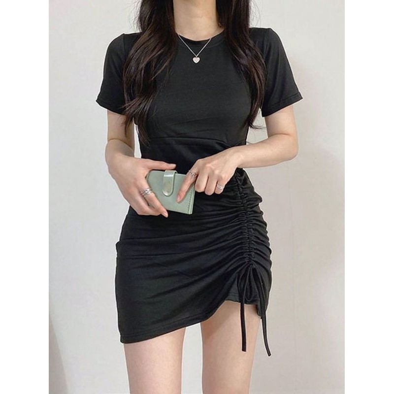 Dress Lengan Pendek Serut Wanita / Dress Lengan Serut Tali Pinggang