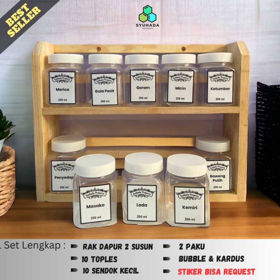 Kualitas Terpopuler CODTERMURAH Tempat Bumbu dapur kayu 2 susun lengkap dengan toples sendok dan sti