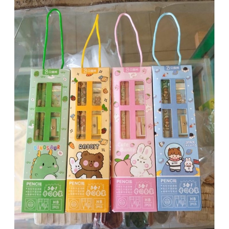

Stationery Set Alat Tulis Sekolah 5 in 1 Lengkap Pensil Penggaris Penghapus Rautan Lucu
