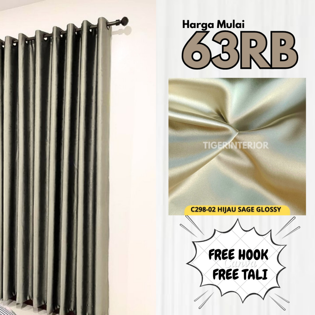 [FREE hook dan tali] Gorden Glossy Hijau Sage - Gorden minimalis - Gorden Jendela Pintu - Tirai