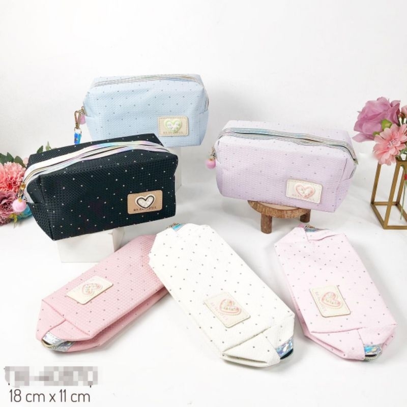 

Tempat Pensil Kuliah Pouch Kosmetik Glitter Love Mutiara Organizer Premium