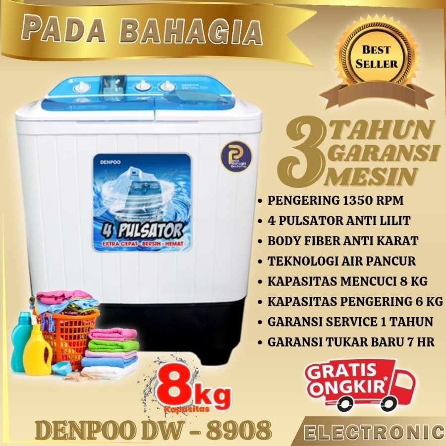 Mesin Cuci 2 Tabung 8 Kg  Denpoo DW 8908 New Turbo Pulsator