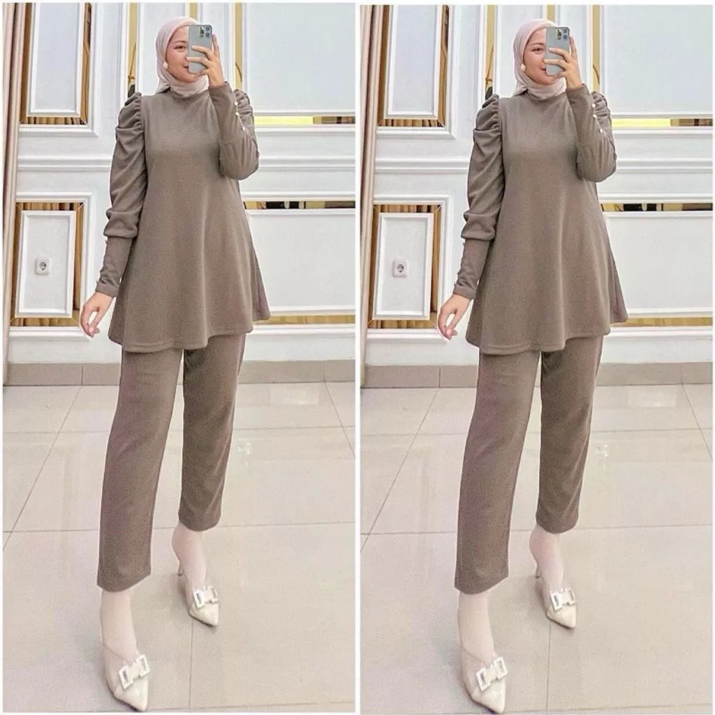 HANA SET KNIT TUNIK JUMBO TANGAN BALON / HANA SET / SETELAN POLOS / ONE SET WANITA KEKINIAN / SETELA