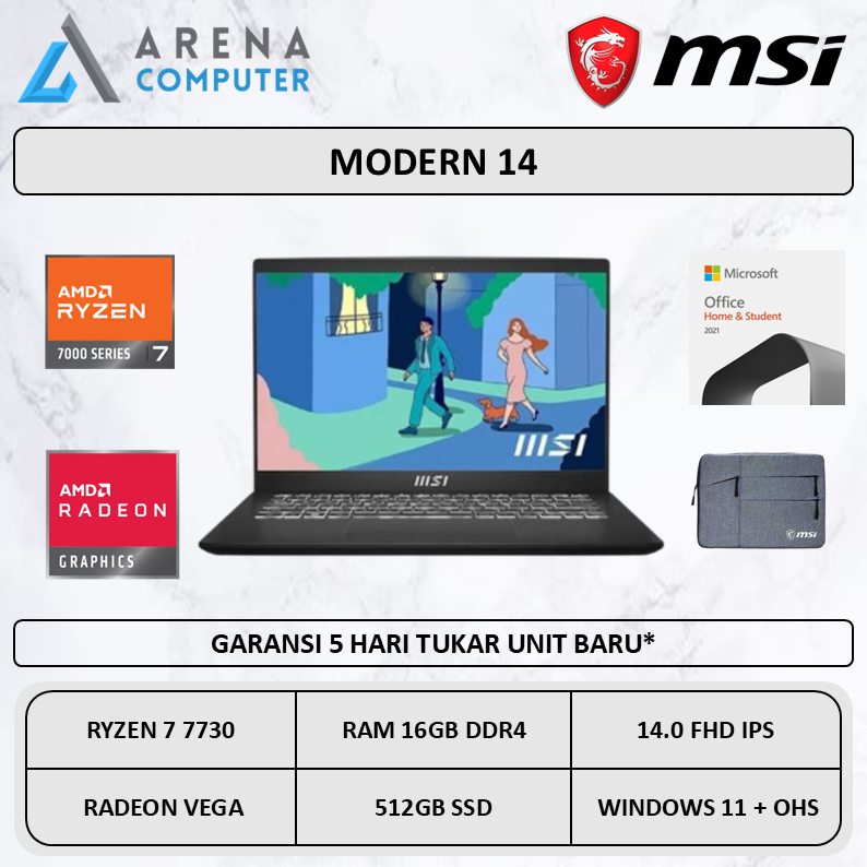 MSI Modern 14 Ryzen 7 7730 16GB 512GB W11 OHS 14.0 FHD IPS