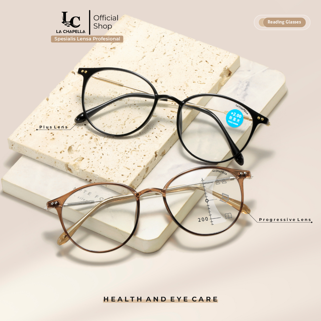 La Chapella Kacamata Baca Frame Bulat Lensa Plus Progressive Trendi TR90 Lentur Pria Wanita 8531