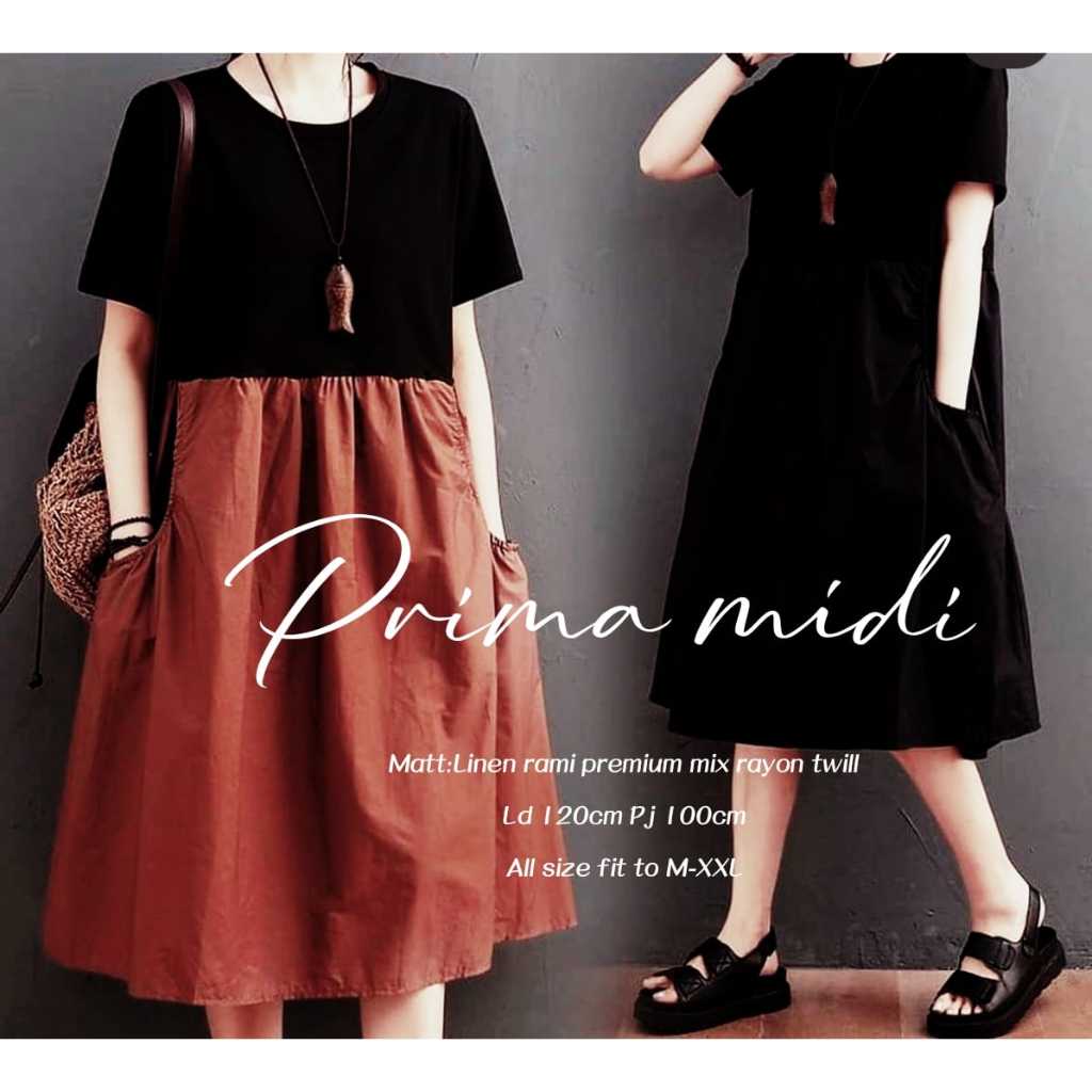 Prima Midi Dress Gamis Daily Wanita Ld 120 XXL Polos Adem Nyaman Harian