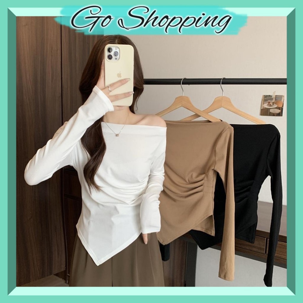 GOBJ1736 Baju Atasan Kaos Knit Sweater Rajut Wanita Seksi Bahu Sabrina Korea Lengan Panjang