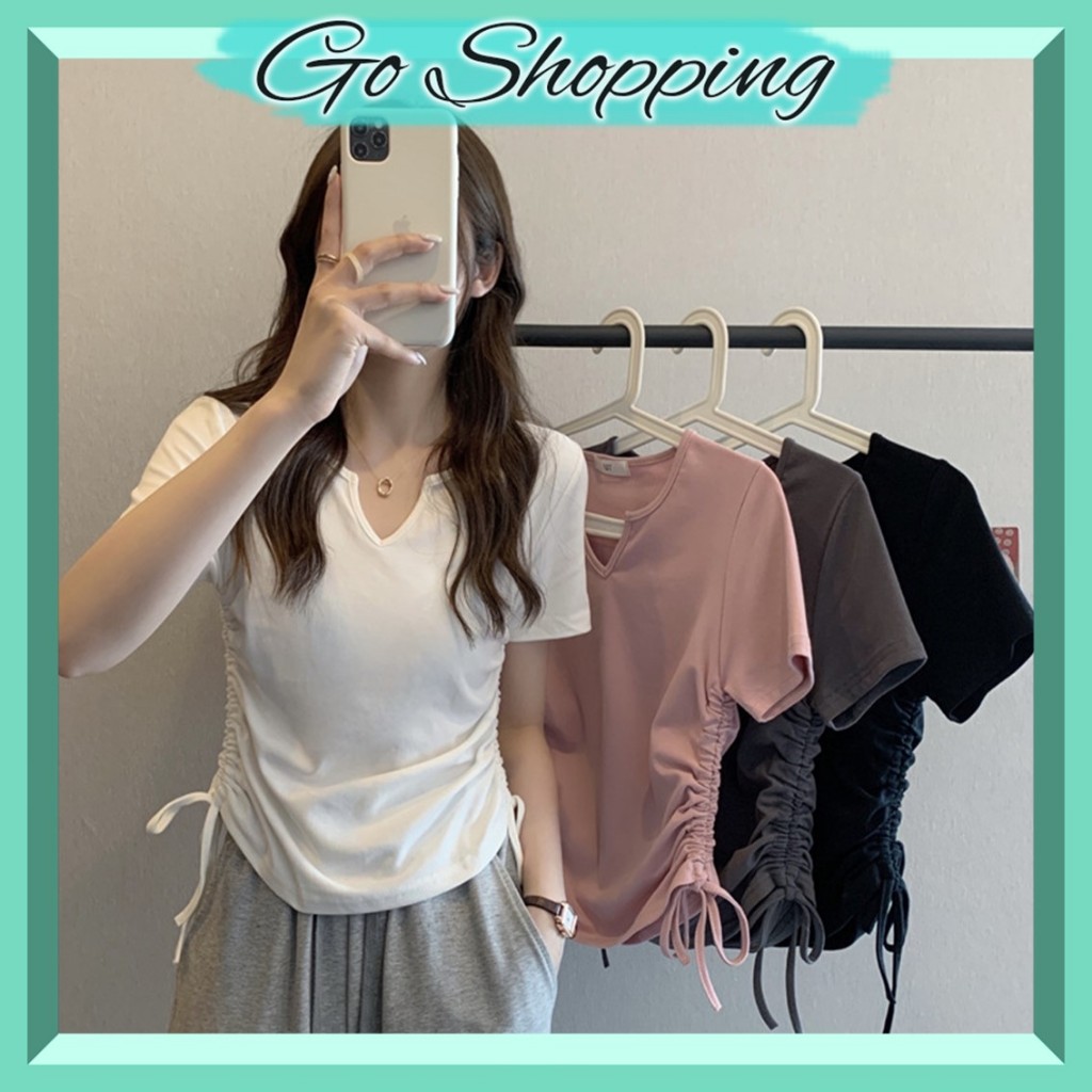 GOBJ1668 Baju Wanita Kaos Spandek Korea T-shirt Lengan Pendek Ramping Tali Serut V-Neck