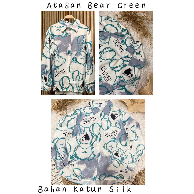 Kemeja Katun silk Motif beruang //Kemeja Kekinian// Kemeja Katun Silk