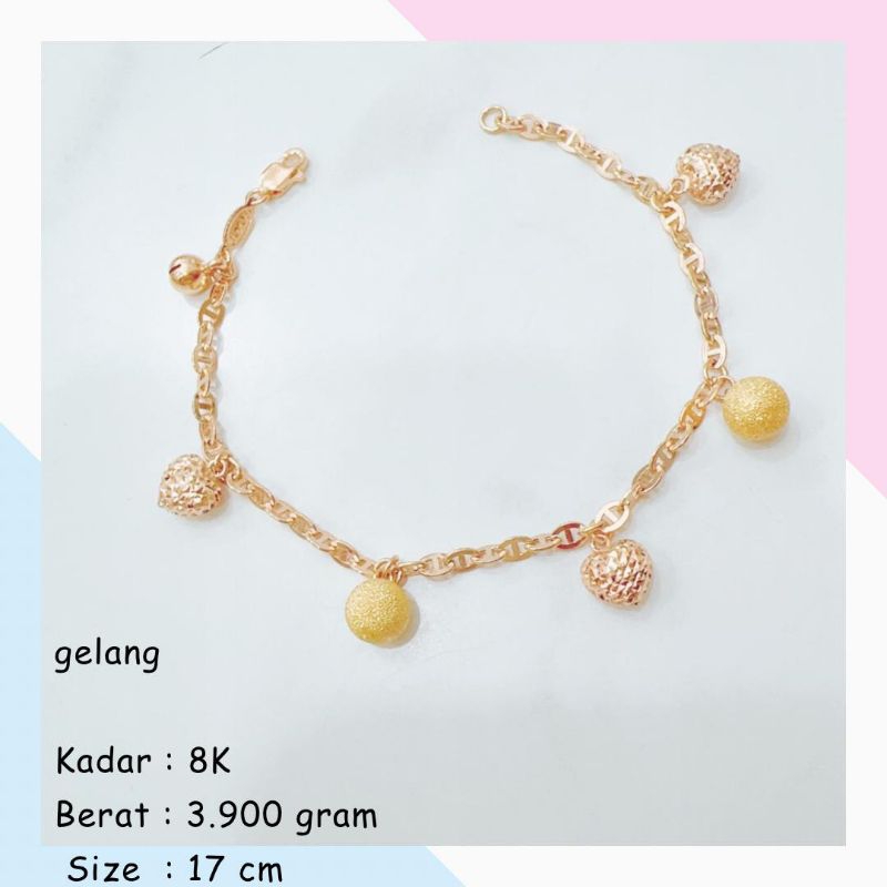 GELANG EMAS HE*ME* VARIASI MAINAN JUNTAI LOVE + POM POM PASIRAN KADAR 8K BERAT 3.900GR