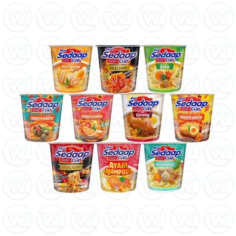 

Mie Sedaap Cup Goreng Rawit Bingit Soto Baso Kari Spesial Korean Spicy Chicken Mie Instan Cup Popmi Sedaap
