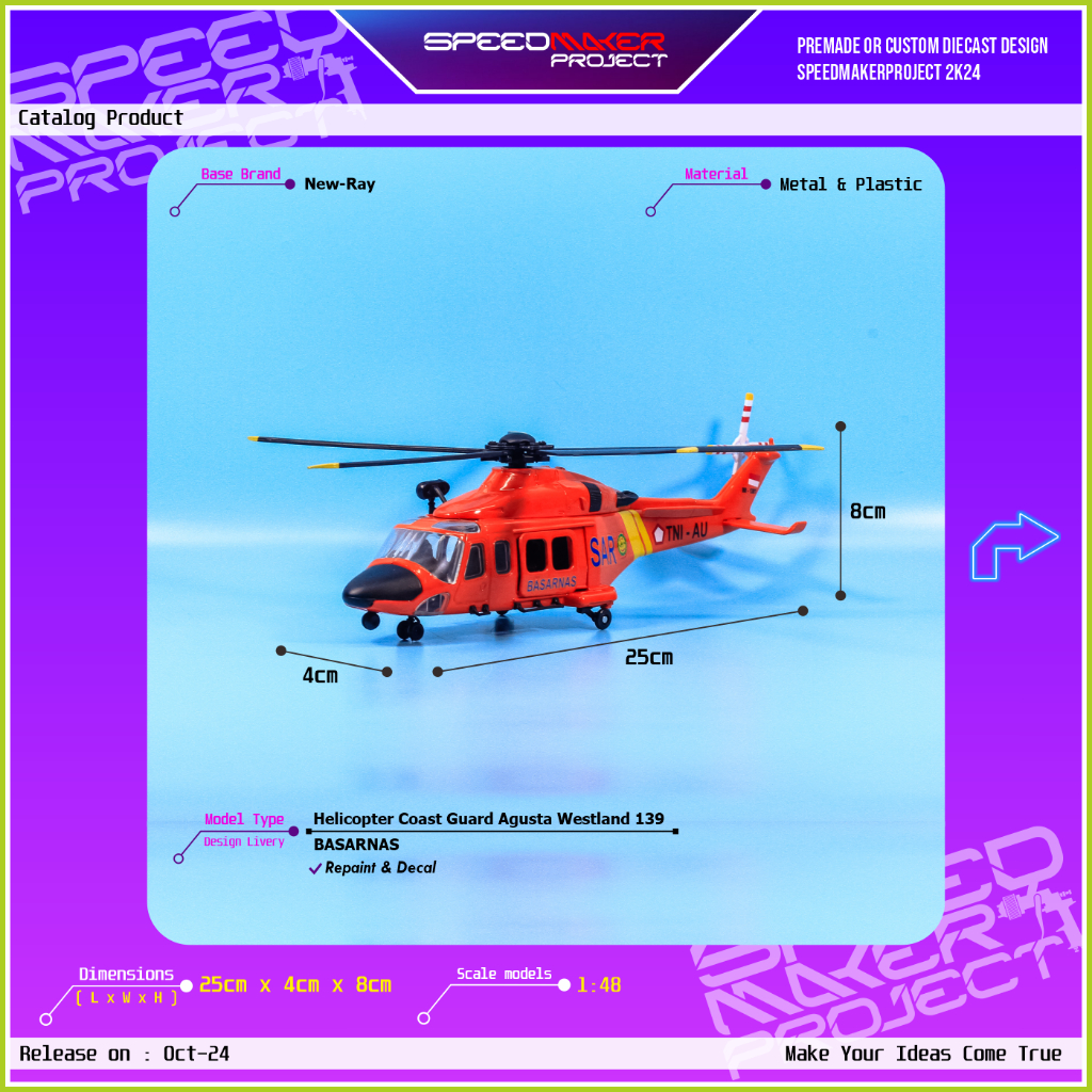 Newray Sky Pilot Custom Helicopter Agusta Westland AW139 Basarnas Rescue SAR Diecast Miniatur 1:48