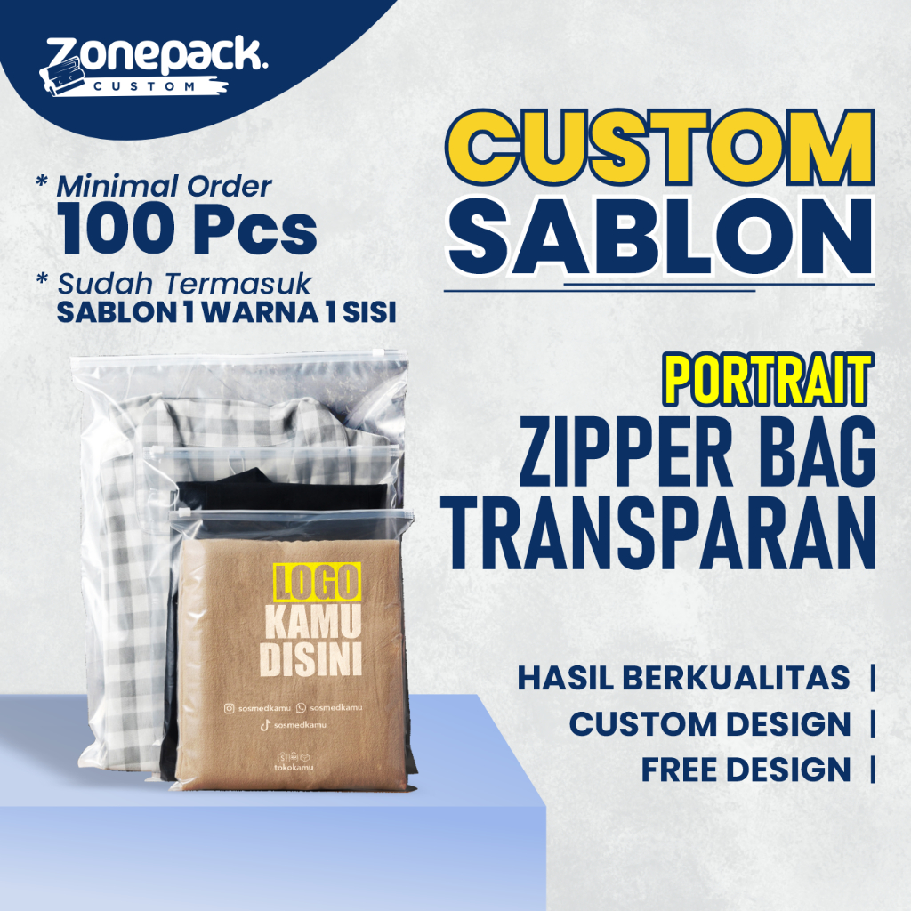 Sablon Zipper Bag Portrait Transparan | Custom/ Free Desain Pouch Hijab Kantong Plastik Ziplock