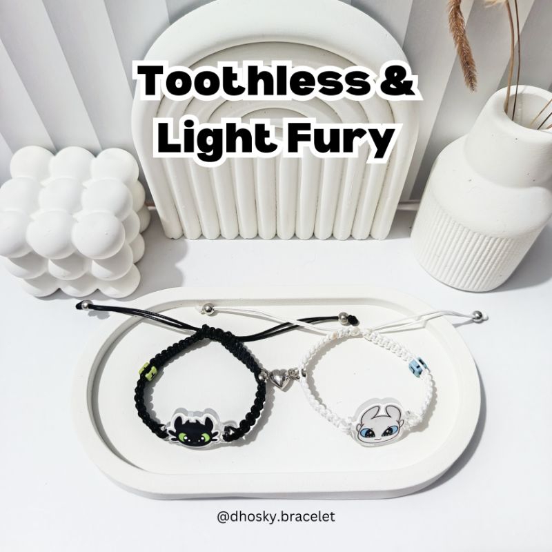 Gelang Couple Toothless & Light Fury - Custom Inisial, Magnet Couple dan Free Aksesoris Bracelets
