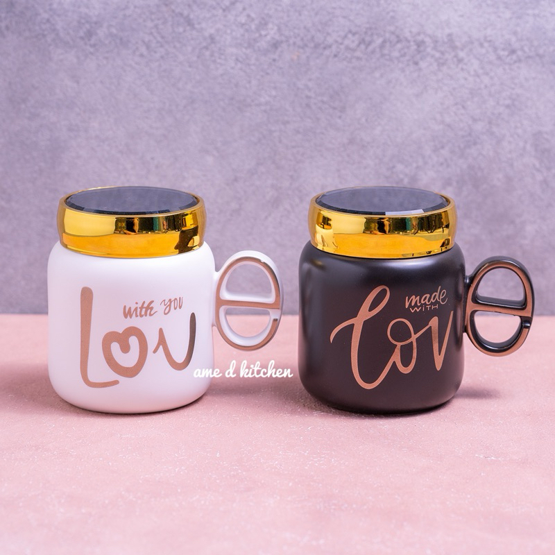 Cangkir gelas mug keramik couple sepasang tutup putar isi 2 love black and white + gift box