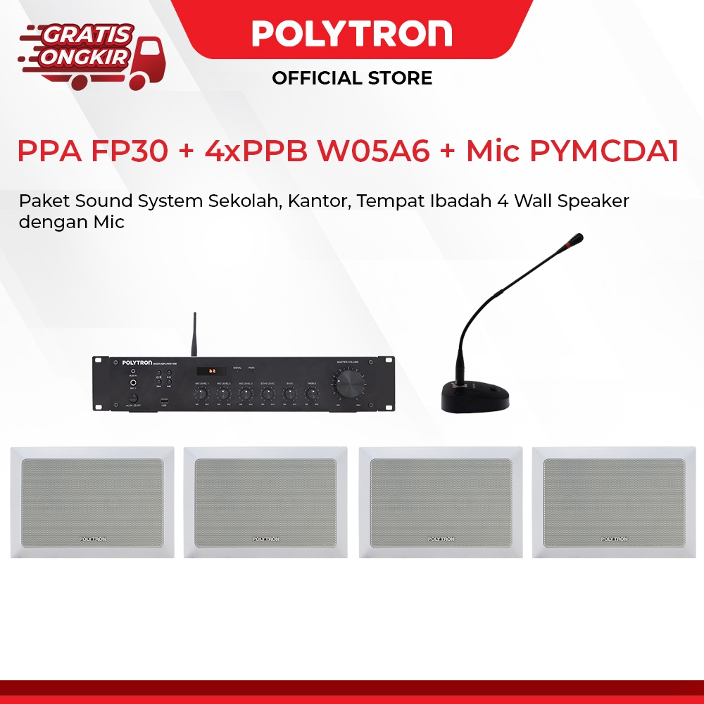 Polytron Sound System Sekolah Masjid Mushola Kantor (4 Wall Speaker) + Amplifier + Microphone