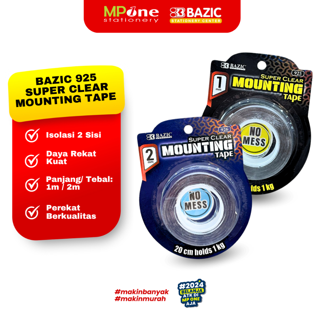 

(1 ROLL) Bazic Double Mounting Tape 1MM 925 & 2MM 926 / Super Mounting Clear Tape Isolasi 2 Sisi Kuat Bazic