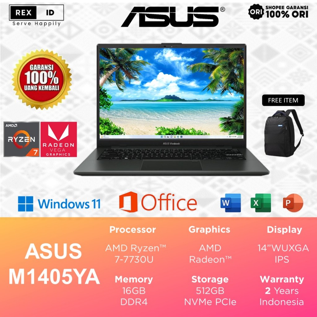 Laptop Asus Ryzen 7-7730U 16GB 1TB 14.0" WUXGA IPS Backlit Win11+OHS - Asus Vivobook M1405YA