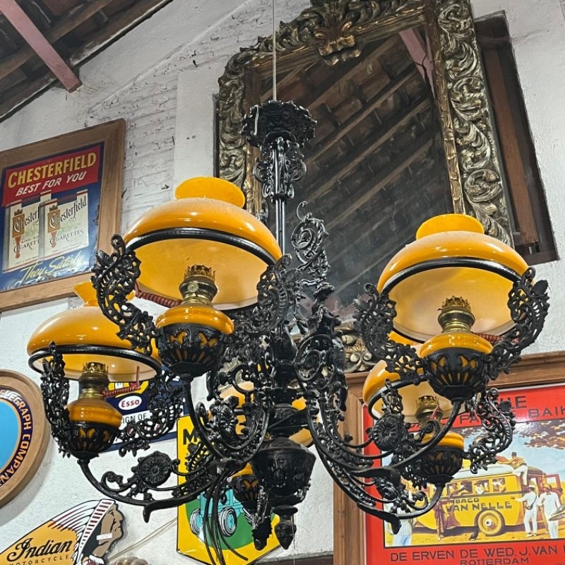 Lampu Gantung Kerek Jawa Cabang 5 Kap Kuning Repro Lama