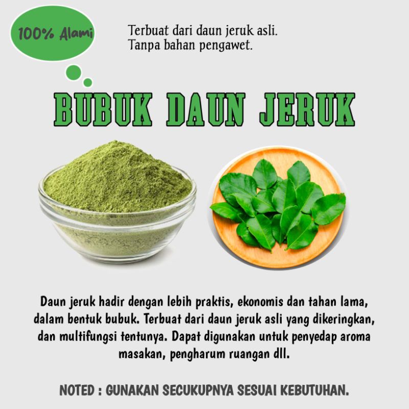 

BUBUK DAUN JERUK UNTUK PENYEDAP MASAKAN 100gram.