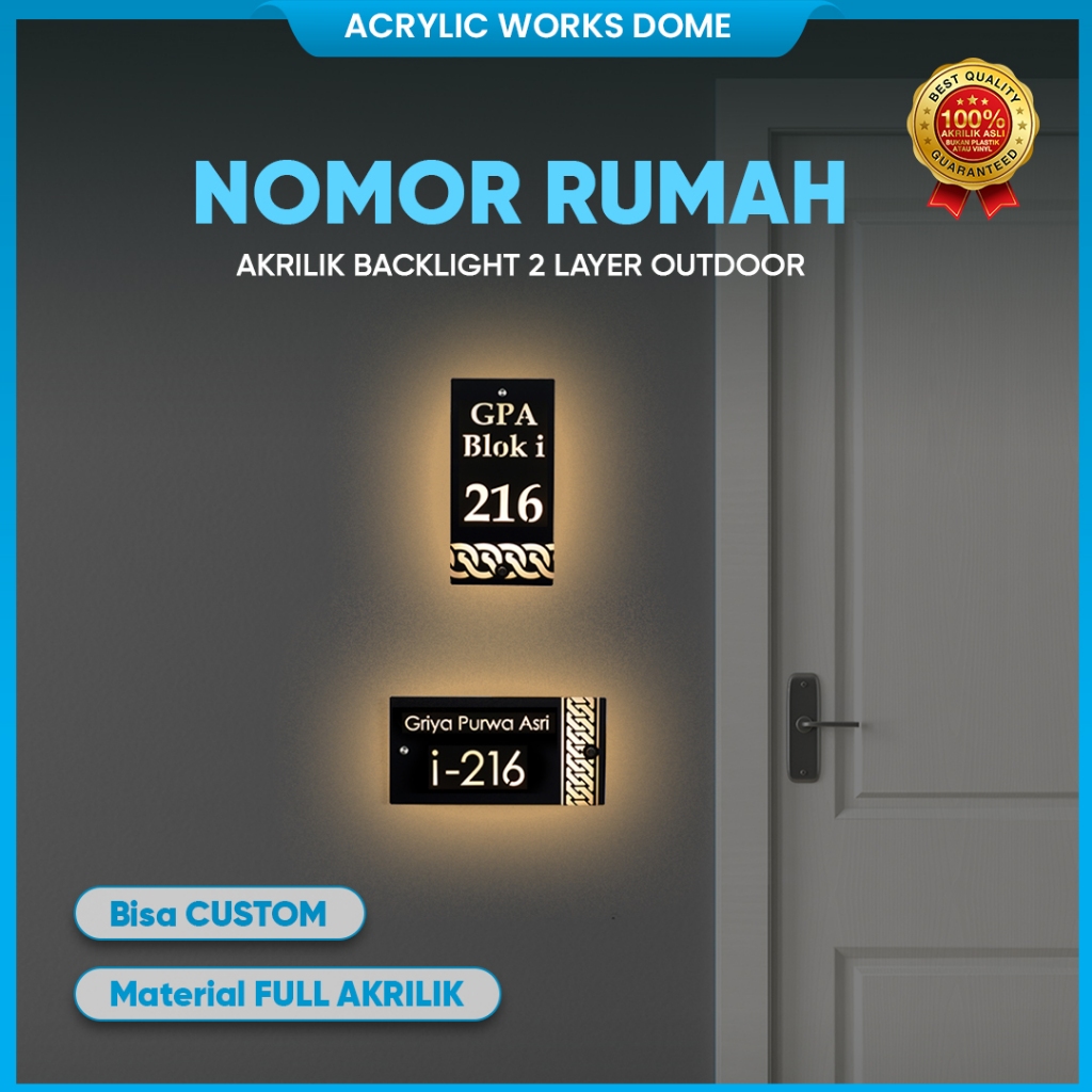 Nomor Rumah LED Backlight 2 Layer Custom Papan Alamat Rumah Menyala Outdoor Waterproof Modern