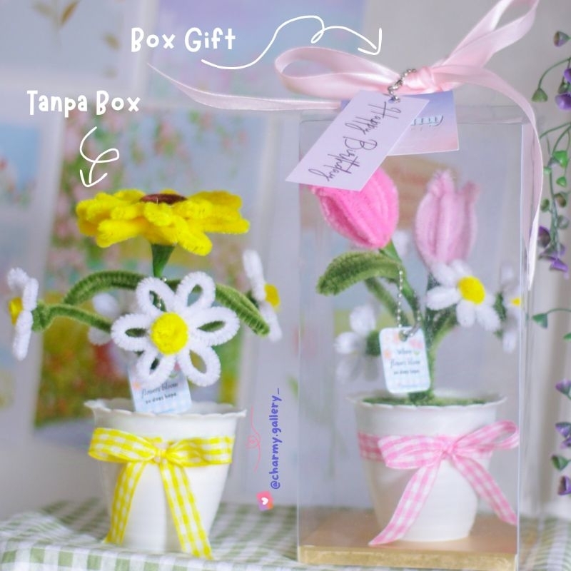 Charmy Flowers Pot  - Charmy Gallery, pipe cleaner flower, pot bunga kawat bulu, Pastel rainbow flow