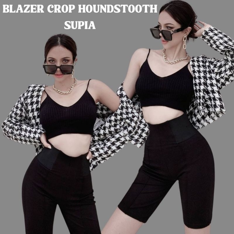 - BANGKOK MEDAN - READY BLAZER CROP HOUNDSTOOTH SUPIA / BLAZER WANITA BY COTTON CANDY