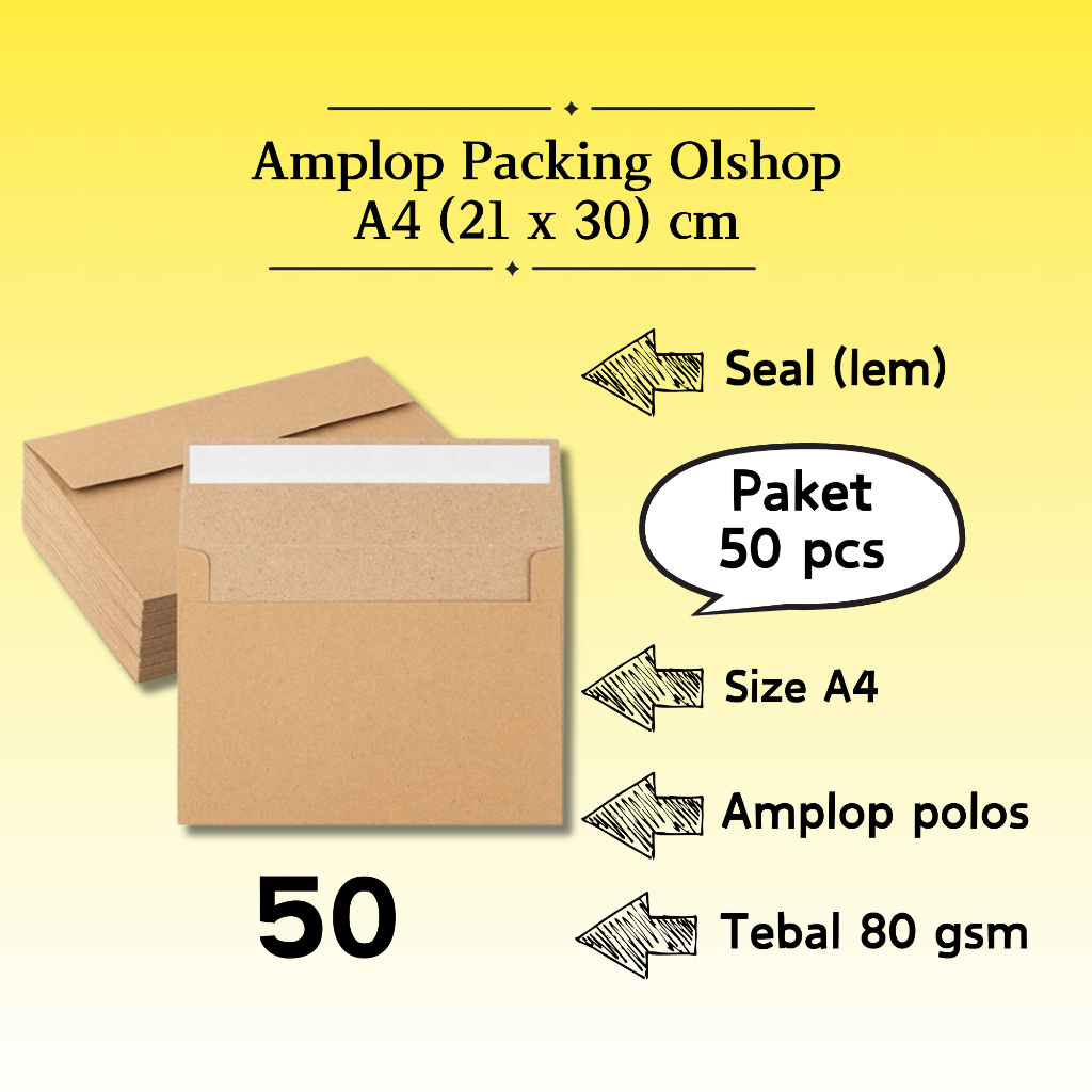 

50 Pcs Landscape - Amplop Packaging Kraft Potrait Amplop Klasik Coklat Polos Seal (Pakai Lem) A4 21 x 30 cm