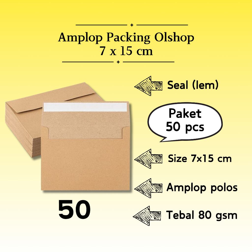 

50 Pcs Landscape - Amplop Packaging Kraft Potrait Amplop Klasik Coklat Polos Seal (Pakai Lem) 7 x 15 cm
