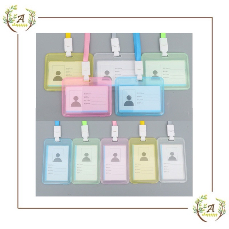 

name tag id card transparant gantungan kartu nama plastik vertical lanyard potrait motif polos warna warni tanda pengenal bening horizontal