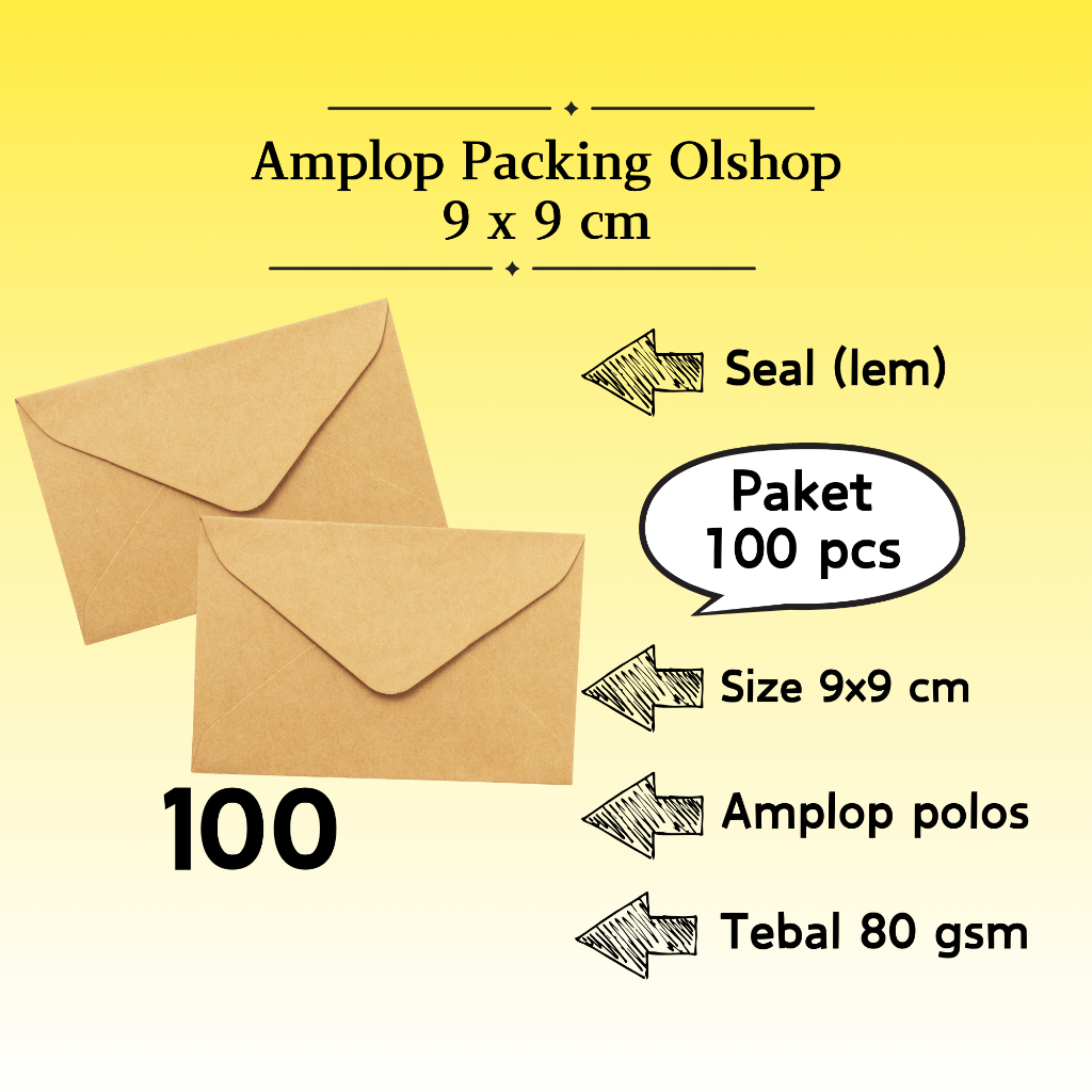 

100 Pcs Baronial - Amplop Packaging Kraft Potrait Amplop Klasik Coklat Polos Seal (Pakai Lem) 9 x 9 cm