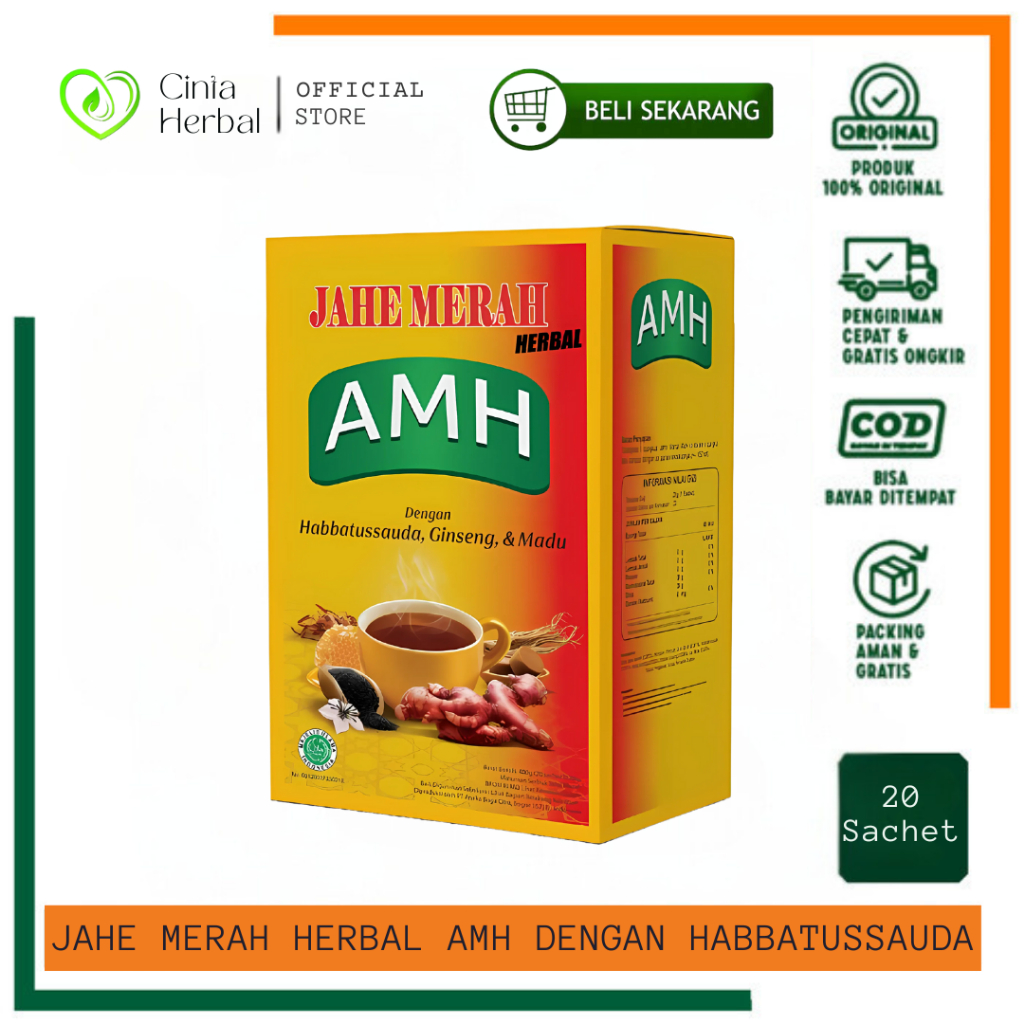 

AMH Jahe Merah Super Dengan Habbatussauda Ginseng Dan Madu I Jahe AMH Herbal Kemasan BOX (20 Sachet)