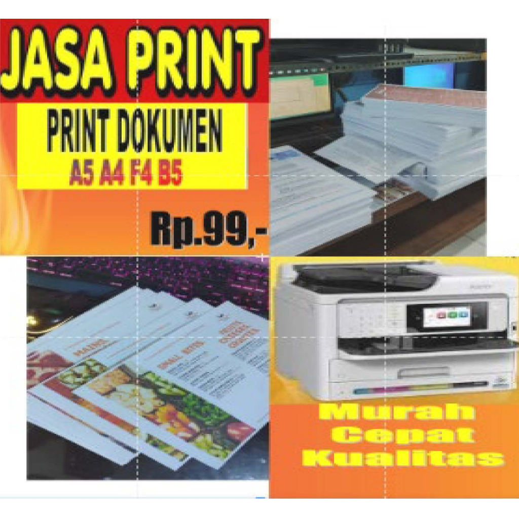 

Jasa Cetak Print Ukuran A4 F4 A5 B5 75gsm warna penuh 100%