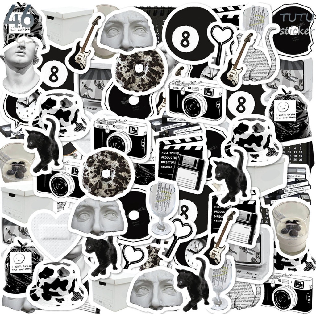

46 Pcs Barang Hitam Dan Putih Bergaya Retro, Minuman, Donat, Dll. Stiker Berpola
