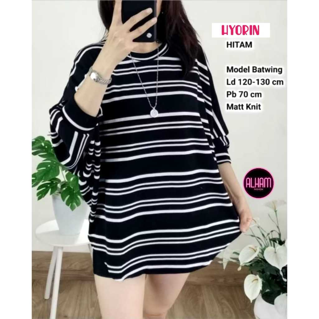 Hyorin Top Alham Atasan Blouse Rajut Wanita Jumbo Ld 120 130 XXXL Knit Salur Impor Batwing