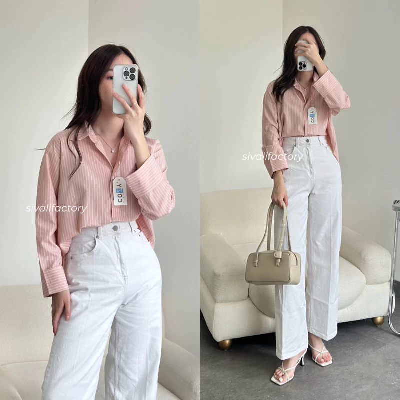 Ziggy Top & Stripe Shirt * Kemeja Salur Garis Oversized Crop Shirt Atasan Wanita Lengan Panjang keki