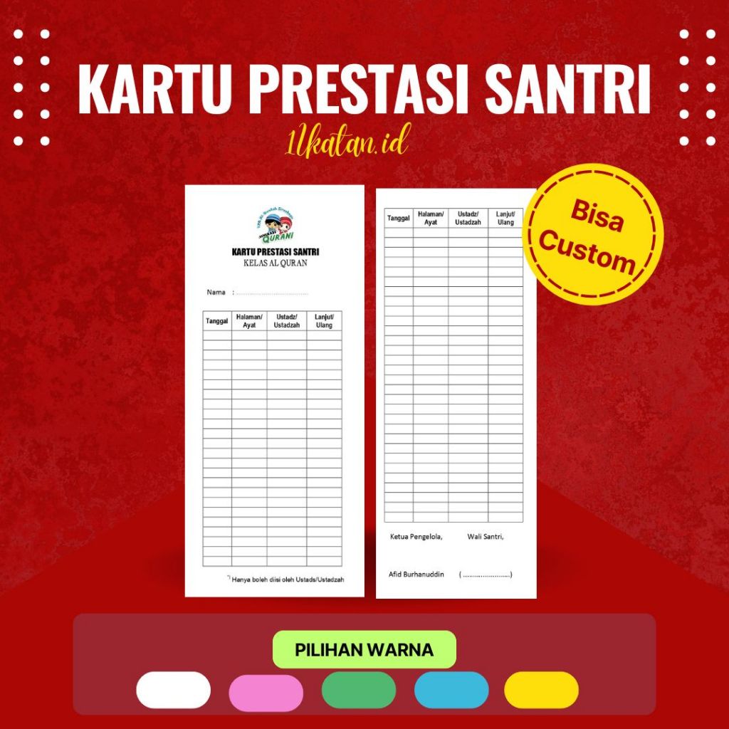 

Kartu prestasi mengaji santri bisa custom ukuran 10 x 21 cm